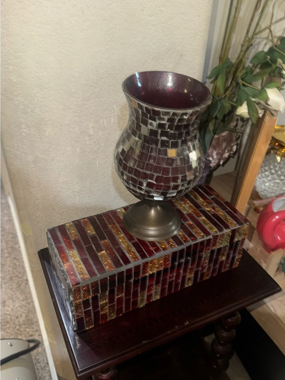 Decorative Burgundy Mosaic Glass Candle Holder and box mirror